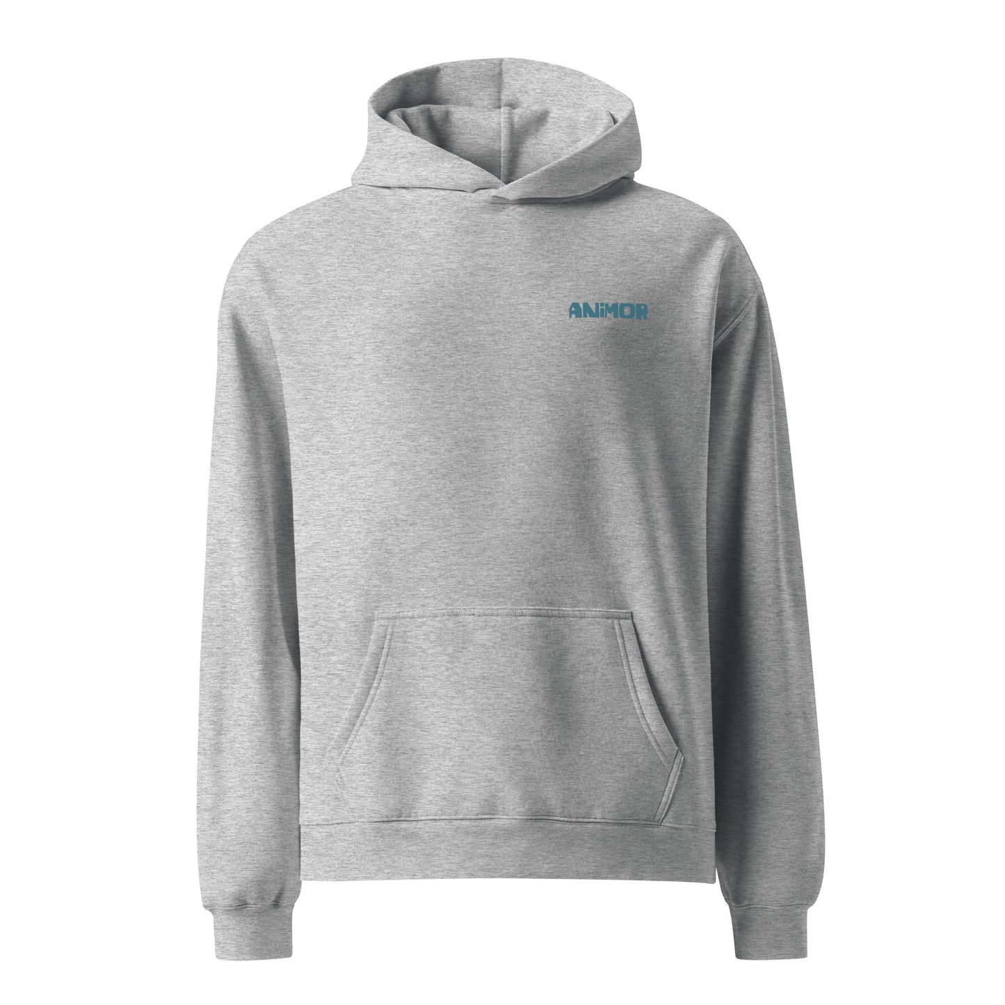 Grauer Hoodie mit schwarzem Pferdekopf-Motiv und blauem Stern-Element auf dem Rücken.