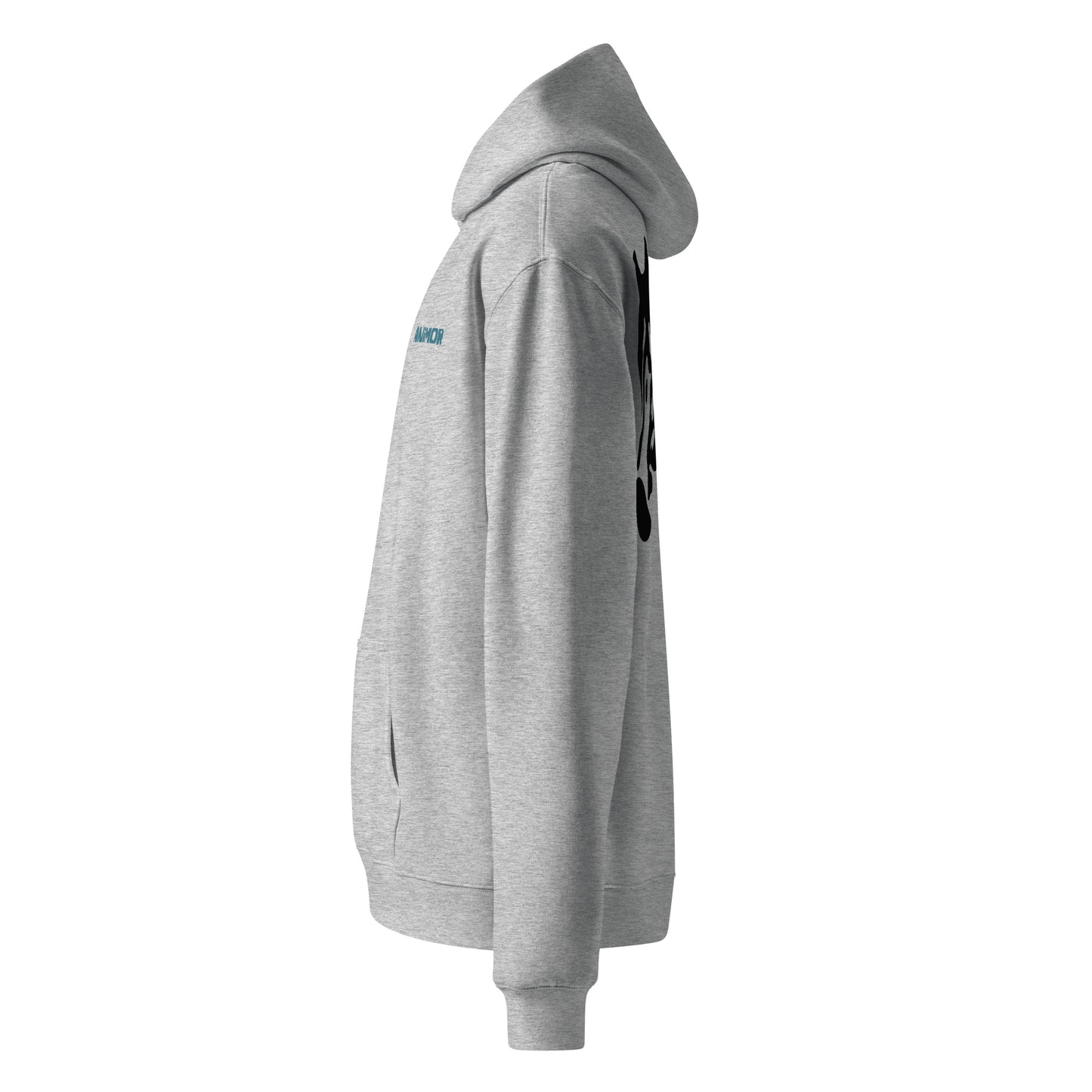 Grauer Hoodie mit schwarzem Pferdekopf-Motiv und blauem Stern-Element auf dem Rücken.