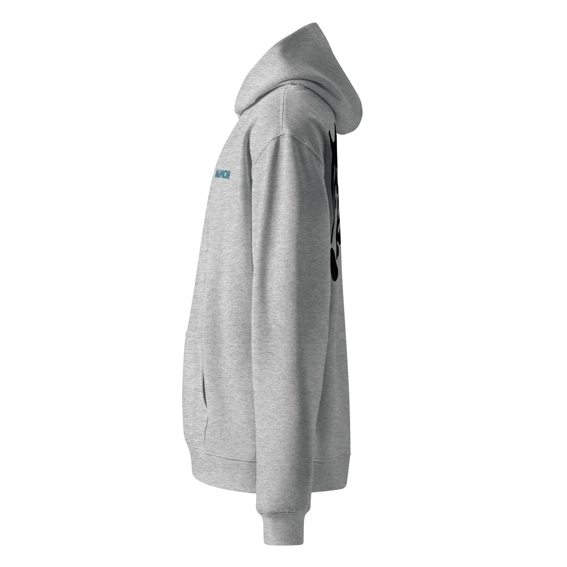 Grauer Hoodie mit schwarzem Pferdekopf-Motiv und blauem Stern-Element auf dem Rücken.