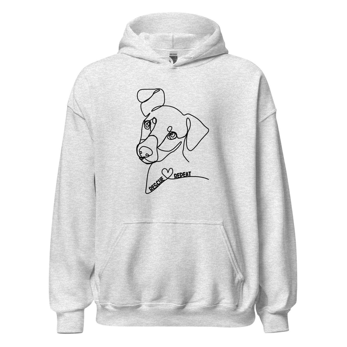 Grauer Hoodie mit minimalistischer Line-Art-Illustration eines Hundes und Schriftzug „Rescue Love Repeat“.