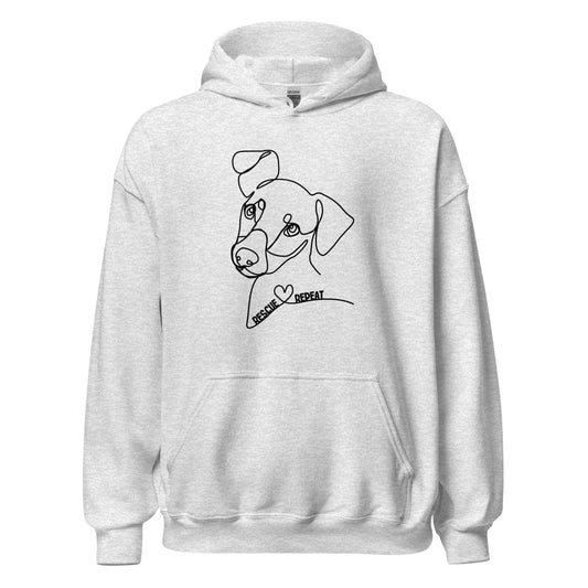 Grauer Hoodie mit minimalistischer Line-Art-Illustration eines Hundes und Schriftzug „Rescue Love Repeat“.
