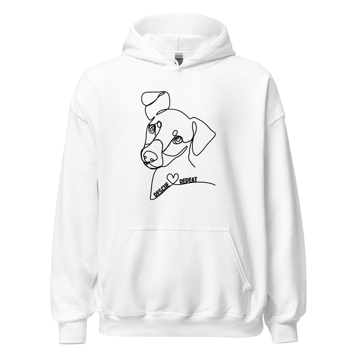 Weißer Hoodie mit minimalistischer Line-Art-Illustration eines Hundes und Schriftzug „Rescue Love Repeat“.