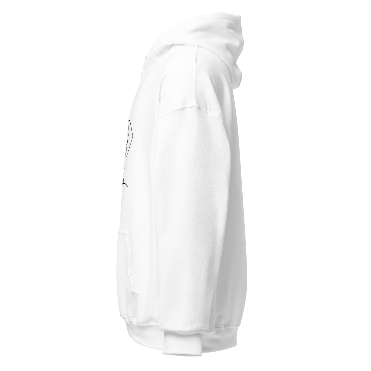 Weißer Hoodie mit minimalistischer Line-Art-Illustration eines Hundes und Schriftzug „Rescue Love Repeat“.