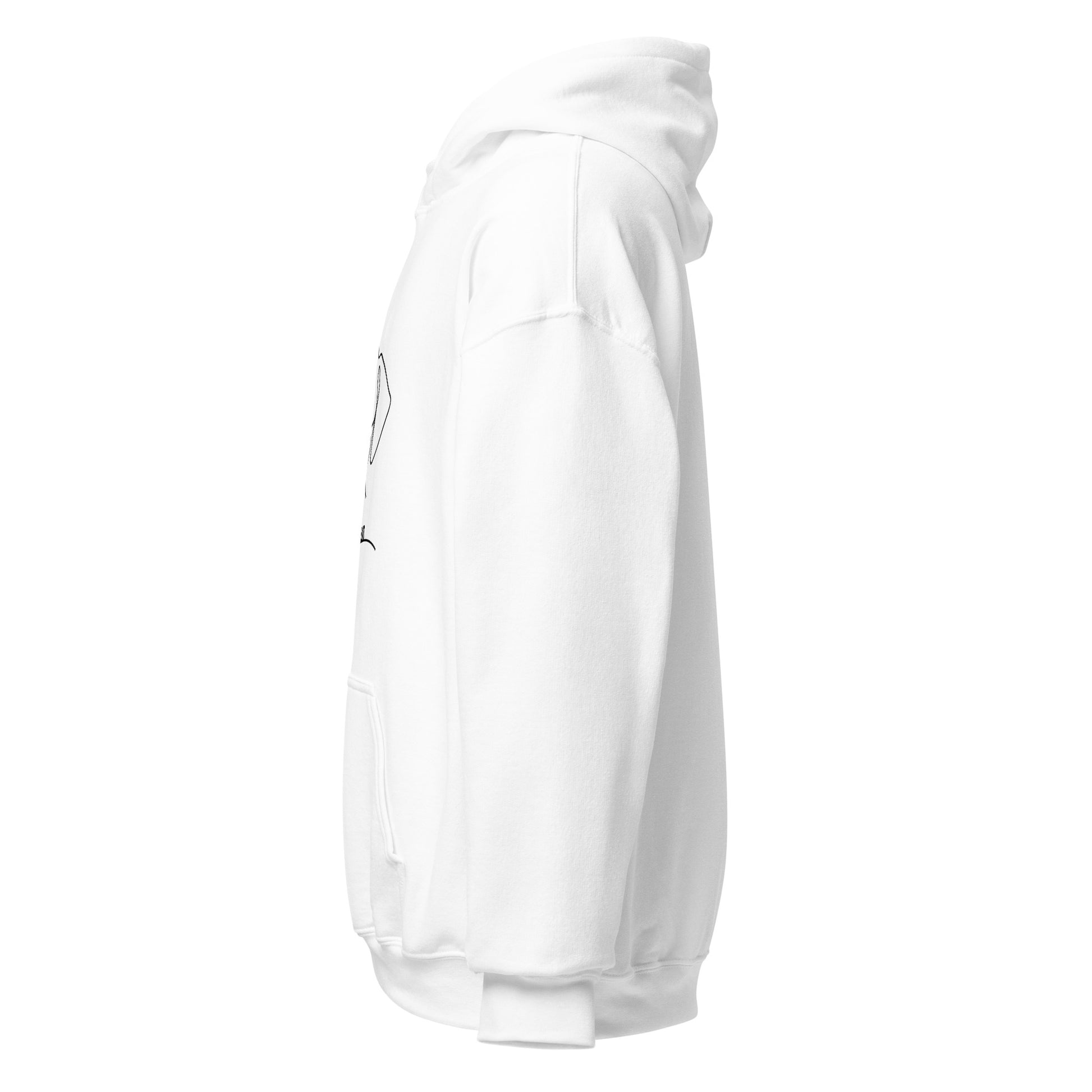 Weißer Hoodie mit minimalistischer Line-Art-Illustration eines Hundes und Schriftzug „Rescue Love Repeat“.