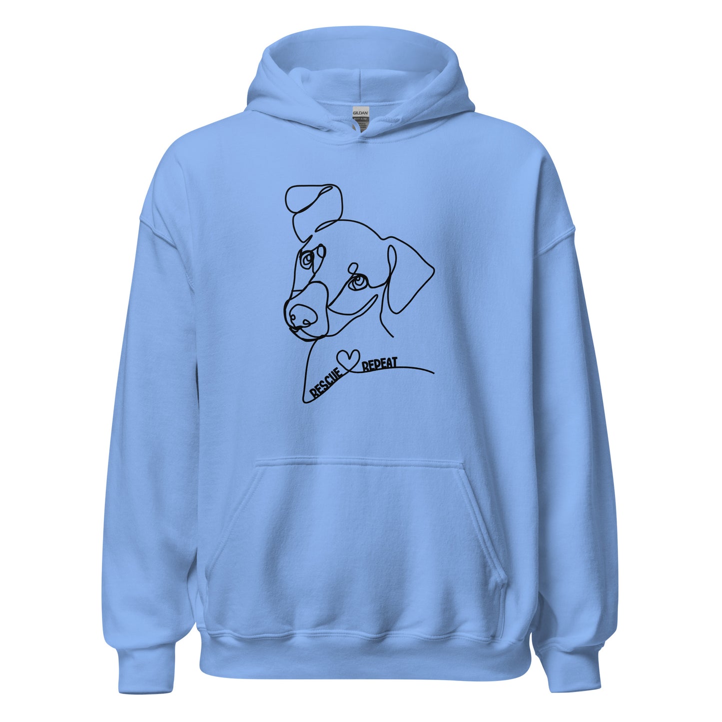 Blauer Hoodie mit minimalistischer Line-Art-Illustration eines Hundes und Schriftzug „Rescue Love Repeat“.