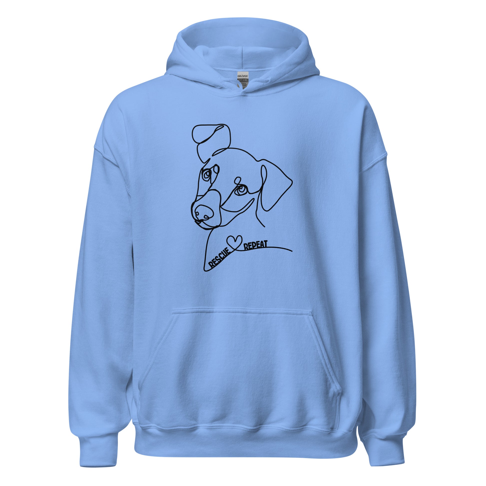 Blauer Hoodie mit minimalistischer Line-Art-Illustration eines Hundes und Schriftzug „Rescue Love Repeat“.