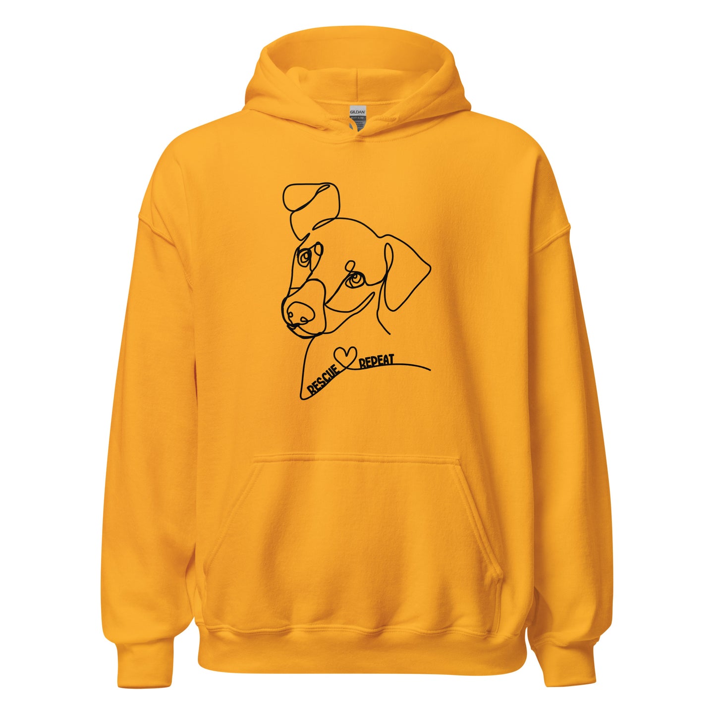 Gelber Hoodie mit minimalistischer Line-Art-Illustration eines Hundes und Schriftzug „Rescue Love Repeat“.