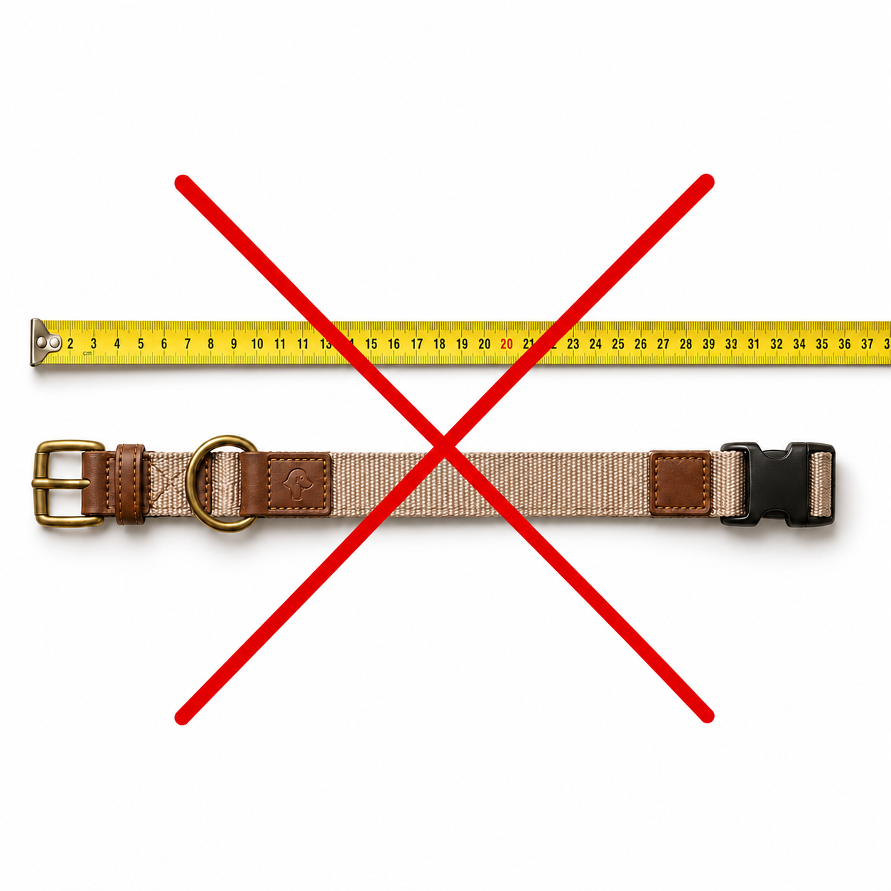 Beiges Hundehalsband unter einem Maßband mit rotem Kreuz als Hinweis, das Halsband nicht flach auszumessen.