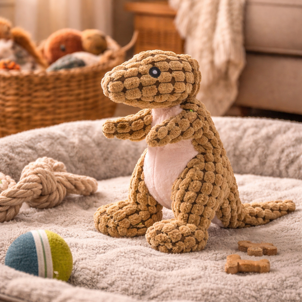 Braunes Hunde-Dino-Plüschtier mit strukturierter Oberfläche und hellem Bauch Auf Hundebettchen