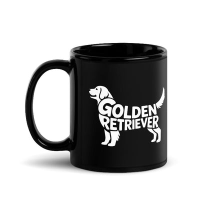 Schwarze Hundetasse mit weißer Golden Retriever Silhouette und Schriftzug Golden Retriever, Geschenk für Hundefreunde. Henkel links Ansicht.