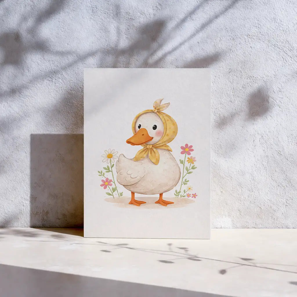 Illustration einer Ente mit Blumen als Motivkarte.