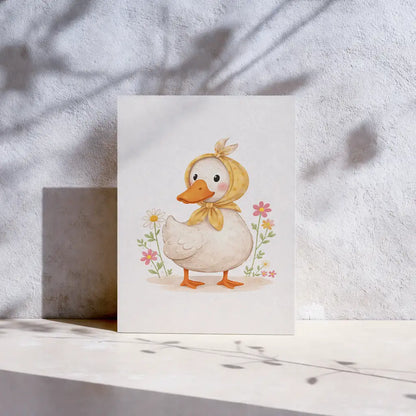 Illustration einer Ente mit Blumen als Motivkarte.