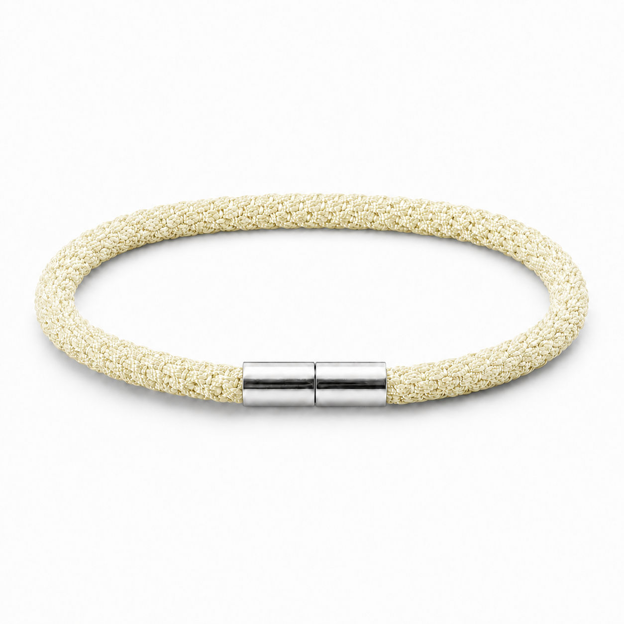 Geflochtenes Kumihimo Armband in Zitronengelb mit poliertem Edelstahlverschluss.