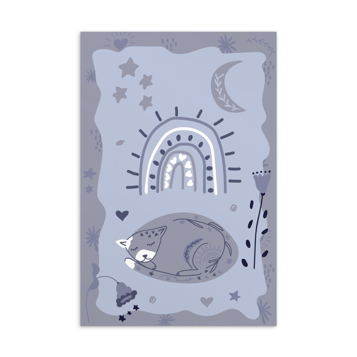 Motivkarte mit schlafender Katze unter einem stilisierten Regenbogen, umgeben von Mond, Sternen und floralen Elementen in sanften Blautönen.