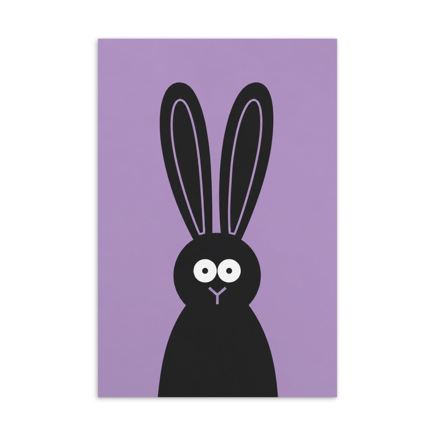 Schwarzer Hase mit langen Ohren & großen weißen Augen vor lilafarbenem Hintergrund.