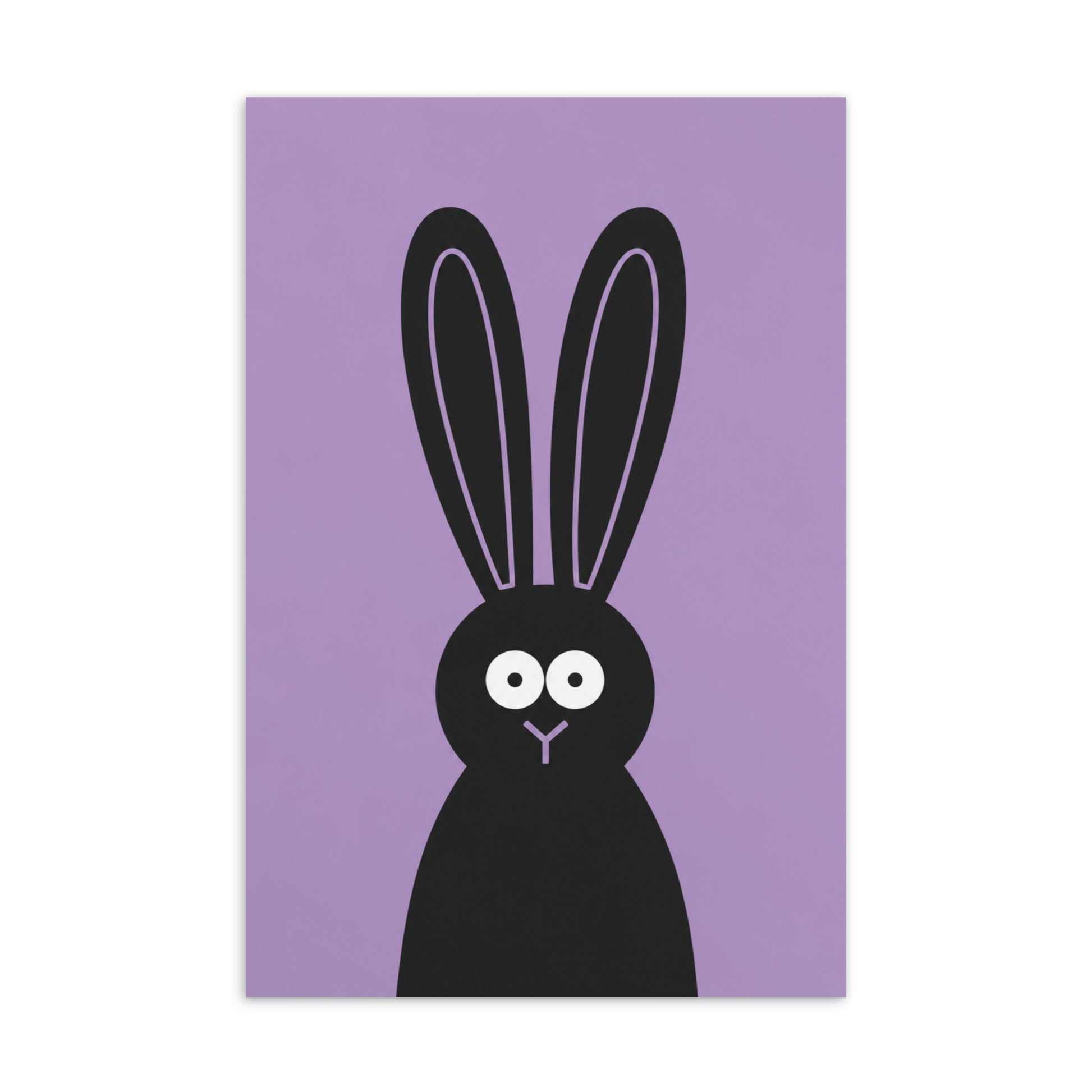 Schwarzer Hase mit langen Ohren & großen weißen Augen vor lilafarbenem Hintergrund.
