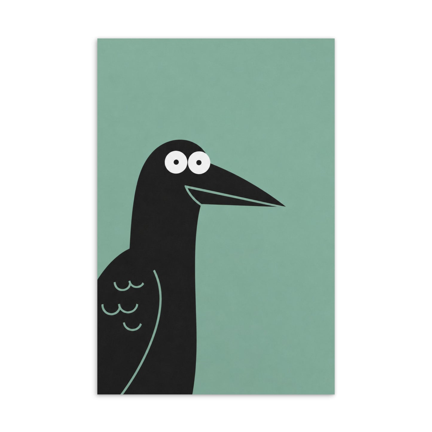 Schwarzer Vogel mit langem Schnabel & großen weißen Augen vor mintgrünem Hintergrund.