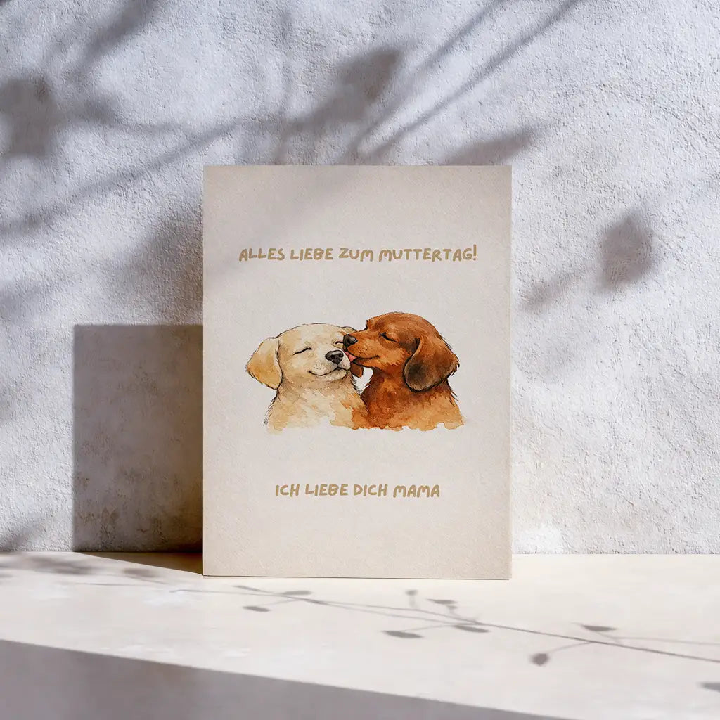 Grußkarte zum Muttertag mit zwei liebevoll illustrierten Hunden und Schriftzug „Alles Liebe zum Muttertag! Ich liebe dich Mama“.