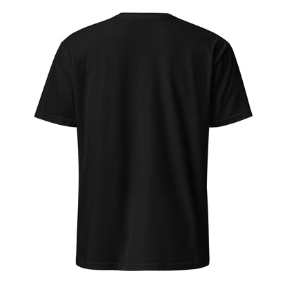 Schwarzes T-Shirt mit der Aufschrift „Nur kurz zum Pferd“ und verspieltem Pferde-Motiv in Rosa- und Blautönen.