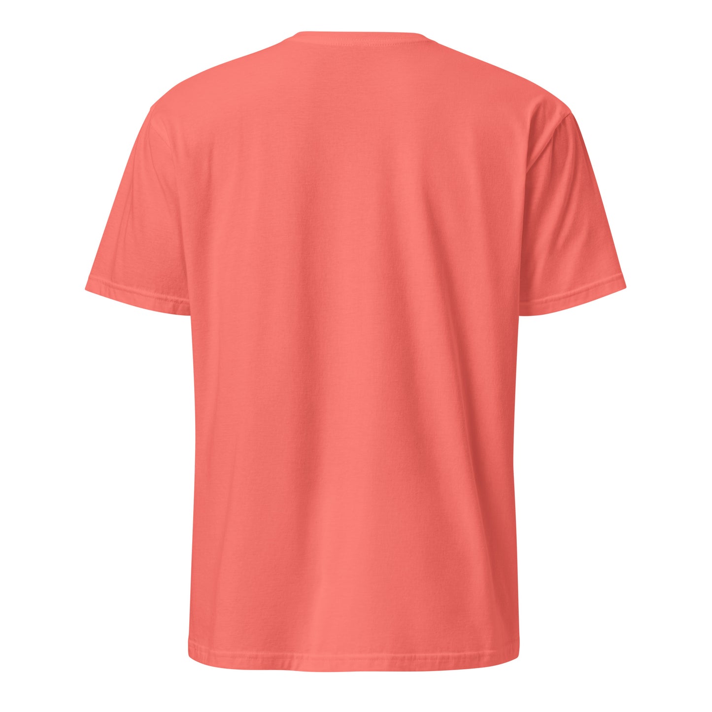 Korallenrotes T-Shirt mit der Aufschrift „Nur kurz zum Pferd“ und verspieltem Pferde-Motiv in Rosa- und Blautönen.