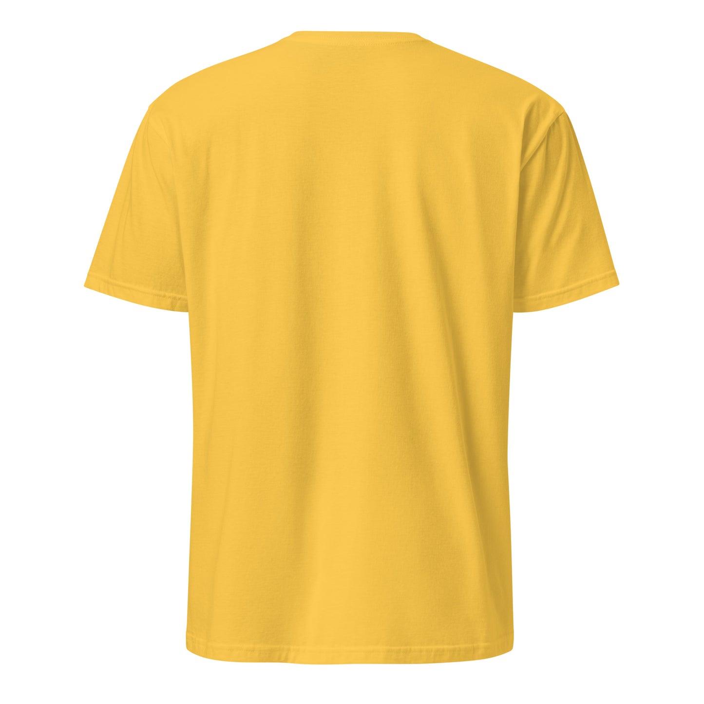 Gelbes T-Shirt mit der Aufschrift „Nur kurz zum Pferd“ und verspieltem Pferde-Motiv in Rosa- und Blautönen.