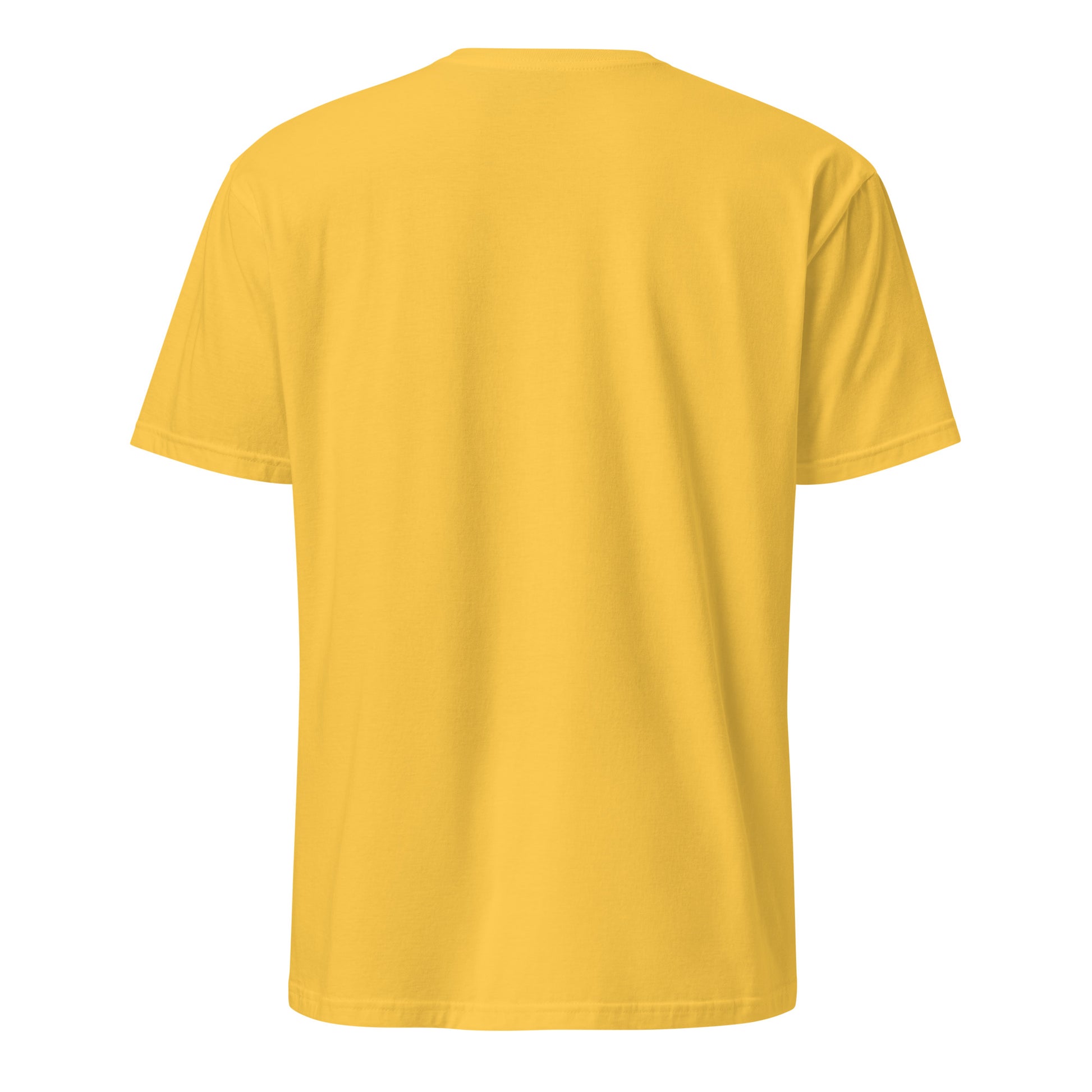Gelbes T-Shirt mit der Aufschrift „Nur kurz zum Pferd“ und verspieltem Pferde-Motiv in Rosa- und Blautönen.