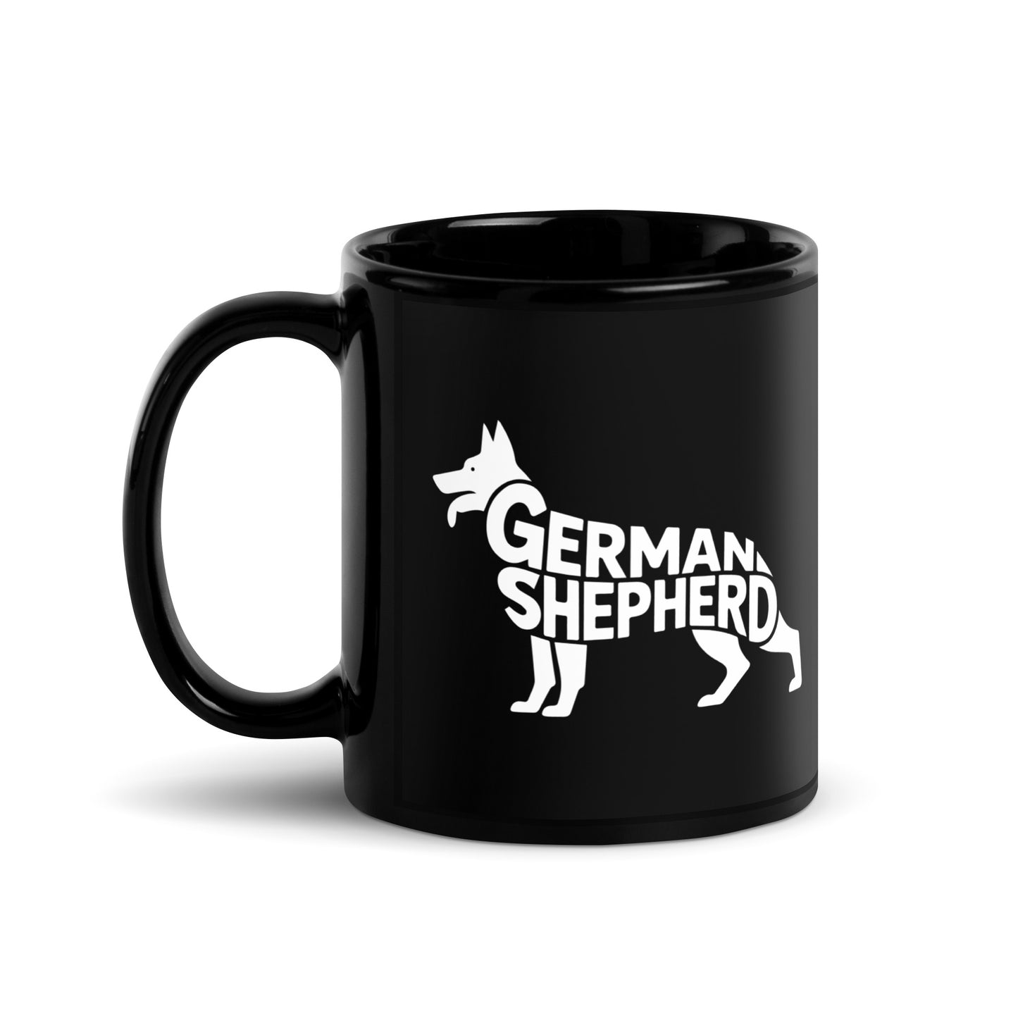 Schwarze Keramiktasse mit weißem Deutschen Schäferhund-Motiv & Schriftzug German Shepherd