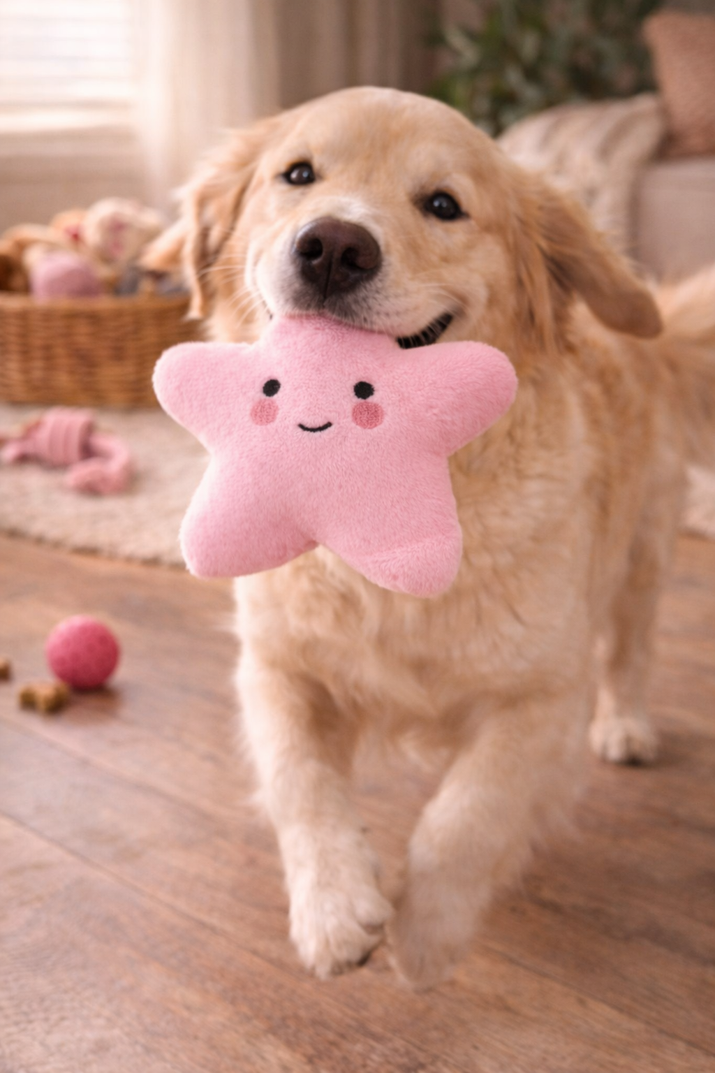 Spielender Hund mit rosa Stern Plüschspielzeug mit integriertem Quietscher.