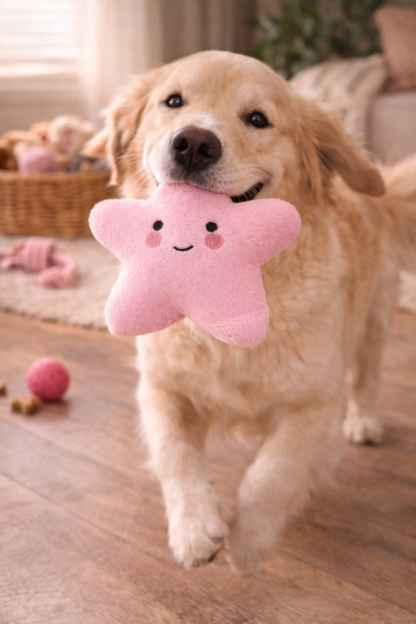 Spielender Hund mit rosa Stern Plüschspielzeug mit integriertem Quietscher.
