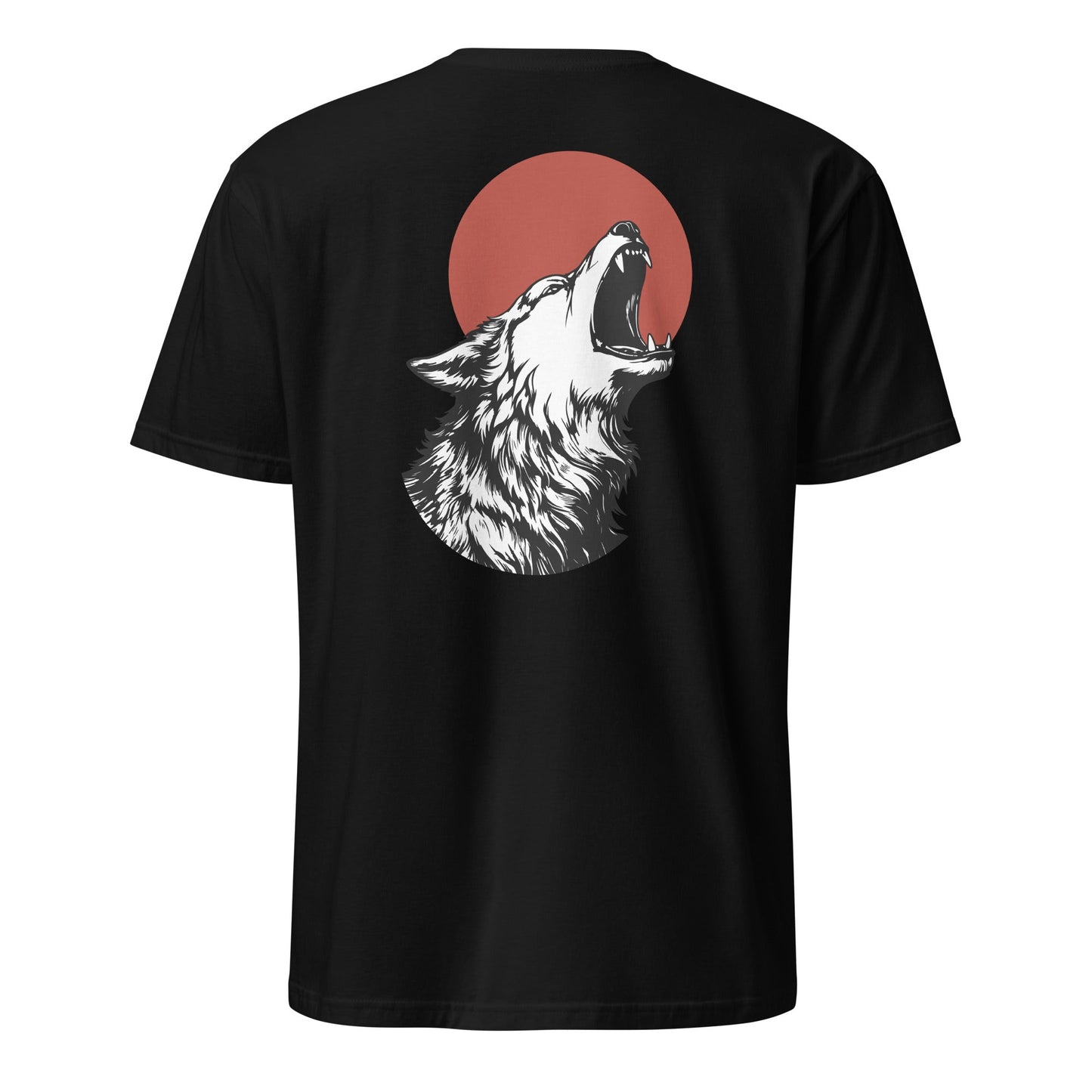 Schwarzes T-Shirt mit heulendem Wolf vor roter Sonne