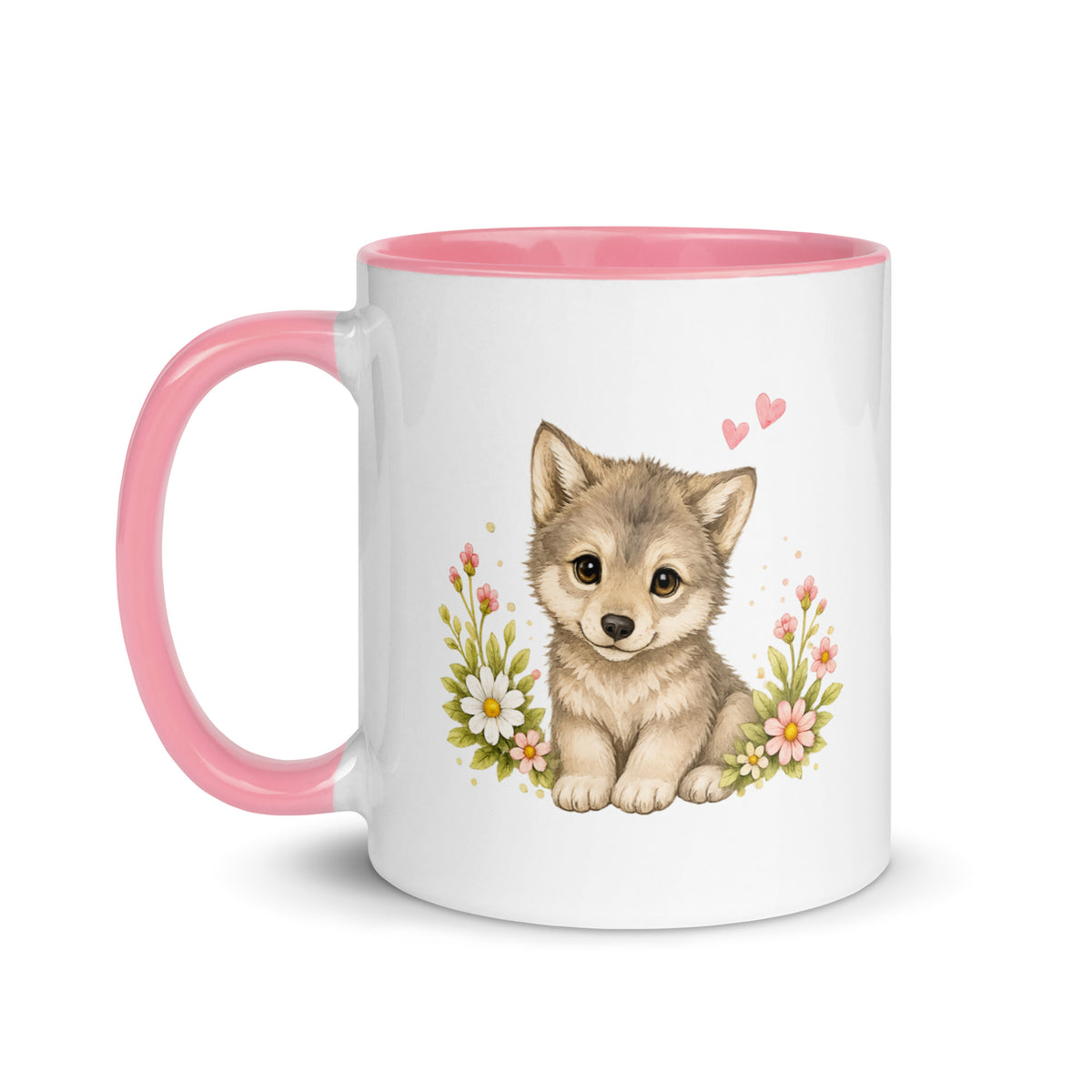 Weiße Keramiktasse mit rosa Henkel und Wolfwelpen-Motiv zwischen Blumen und kleinen Herzen.