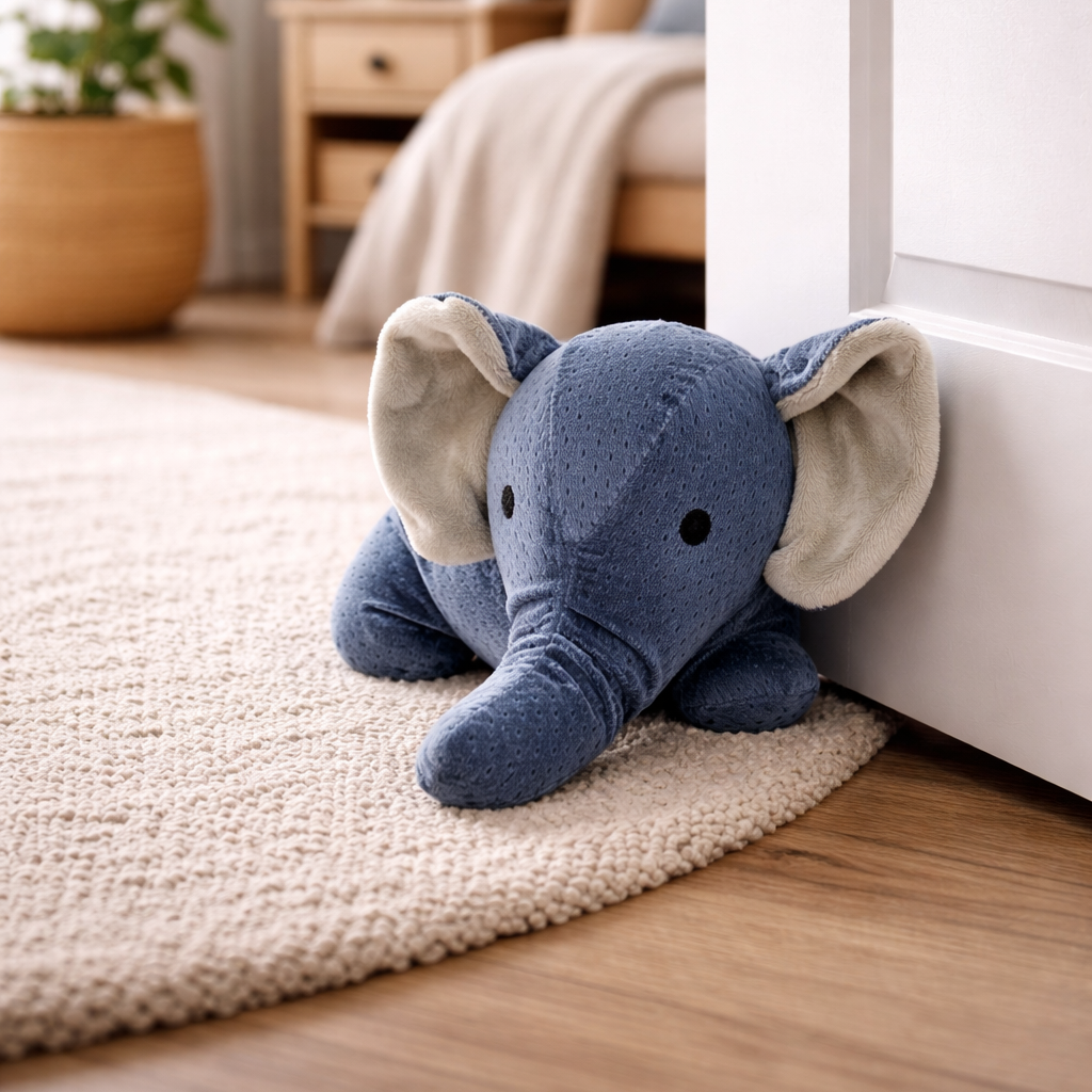 Dekorativer Türstopper als Stofftier in Form eines Elefanten für Wohn- oder Kinderzimmer.